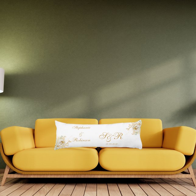 Coussins Longs Mariage de monogramme or Floral (Créateur téléchargé)