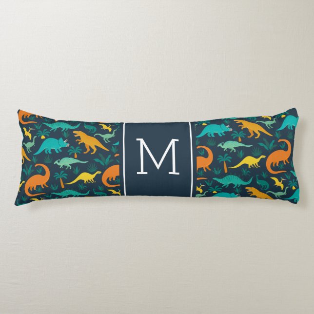 Coussins Longs Marine | Joli Motif Dinosaure coloré Monogramme en (Devant)