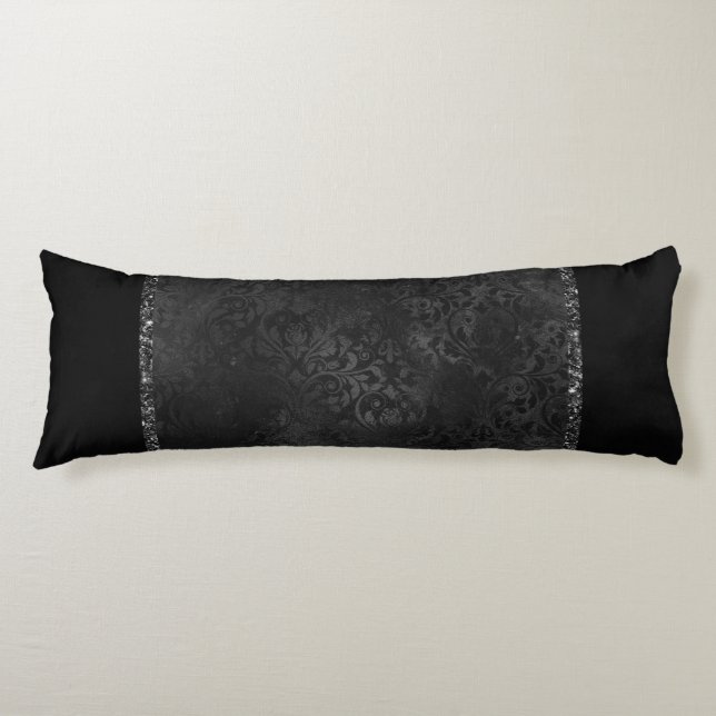Coussins Longs Midnight Onyx Romance | Black Satiny Grunge Damask (Devant)