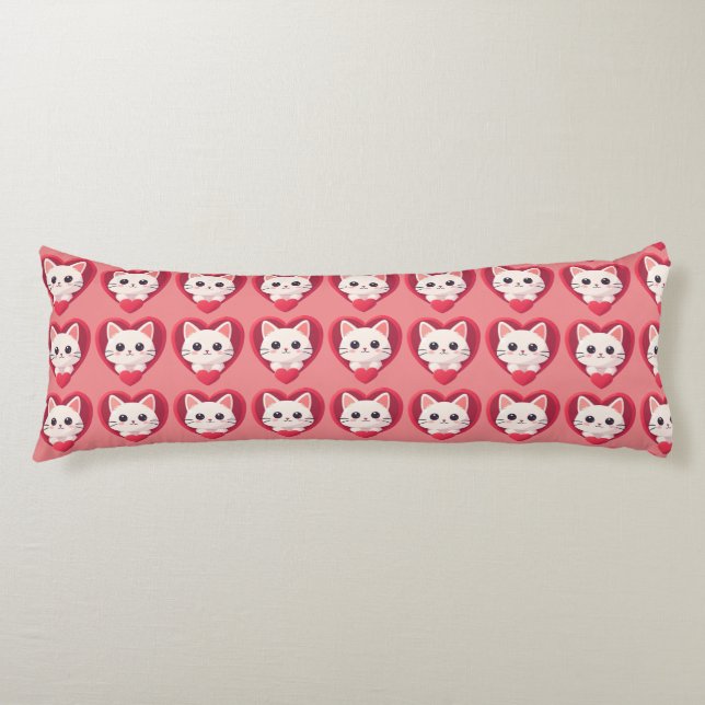 Coussins Longs Mignon Chat Blanc avec Design Kawaii Kitty Love (Devant)