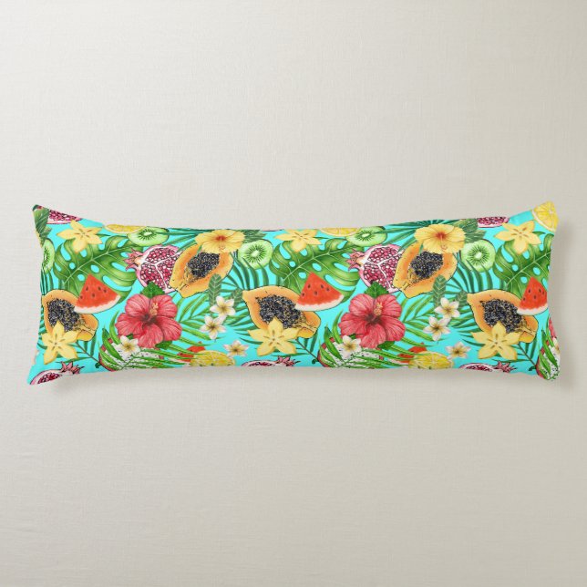 Coussins Longs Mix-fruit tropical, fleurs et feuilles en bleu (Devant)