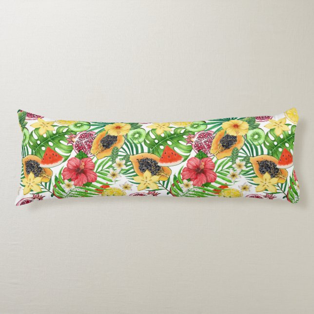 Coussins Longs Mix-fruit tropical, fleurs et feuilles sur blanc (Devant)