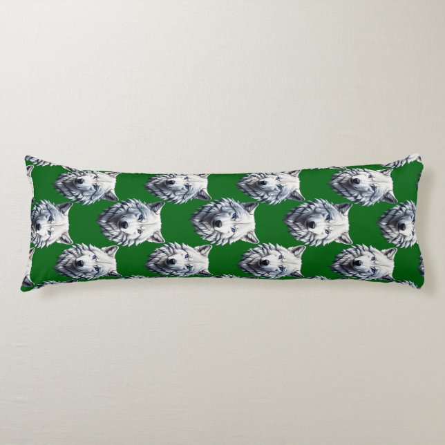 Coussins Longs Modèle de tête de loup blanc design vert  (Devant)