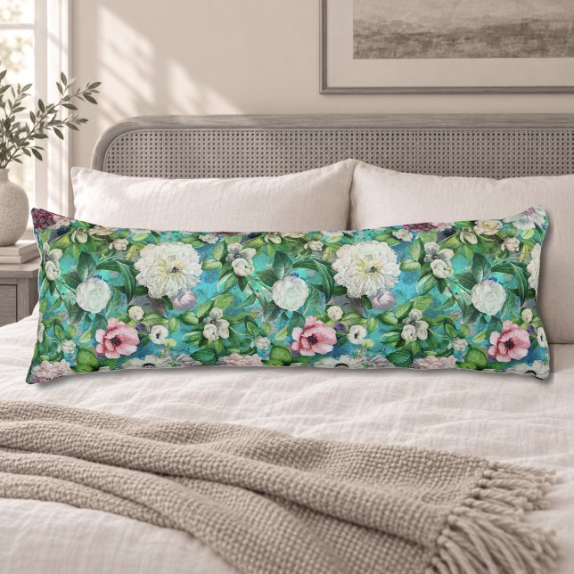 Coussins Longs Monogramme botanique à l'aquarelle rose bleu éléga (Créateur téléchargé)