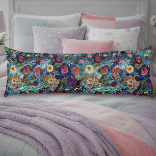 Coussins Longs Monogramme Botanique Élégant à l'Aquarelle Bleue