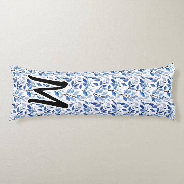 Coussins Longs Monogramme d'art fin en mosaïque de feuilles bleue (Devant)