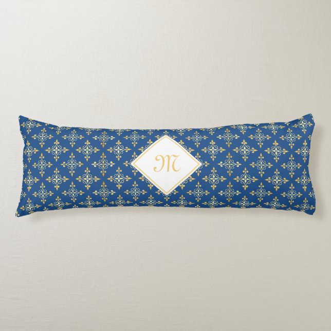 Coussins Longs Monogramme de luxe Blue et Gold Quatre Floral (Devant)