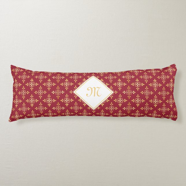 Coussins Longs Monogramme de luxe Rouge et Or Quatre Floral (Devant)