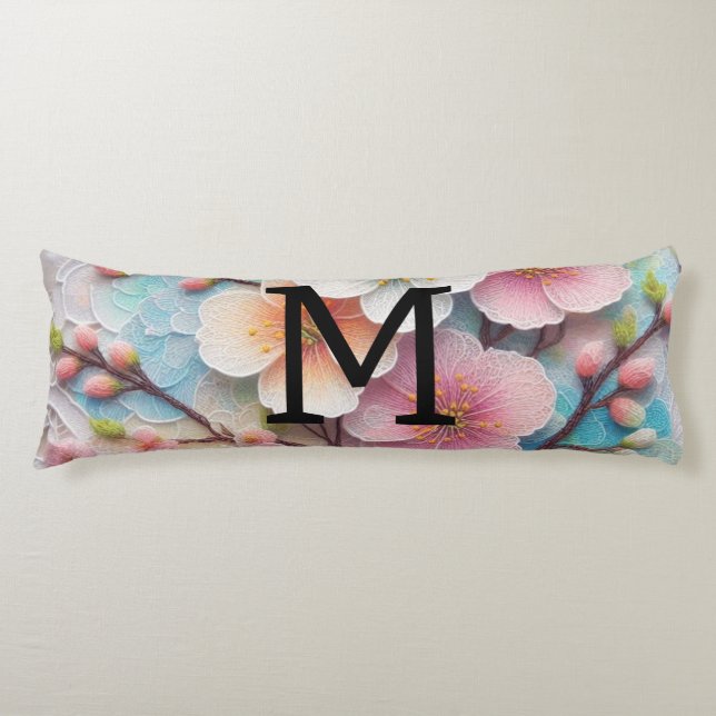 Coussins Longs Monogramme dentelle rose pastel fleurs de cerisier (Devant)