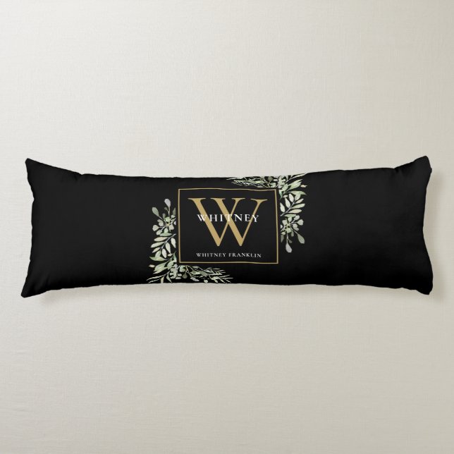 Coussins Longs Monogramme doré de verdure moderne noir (Devant)