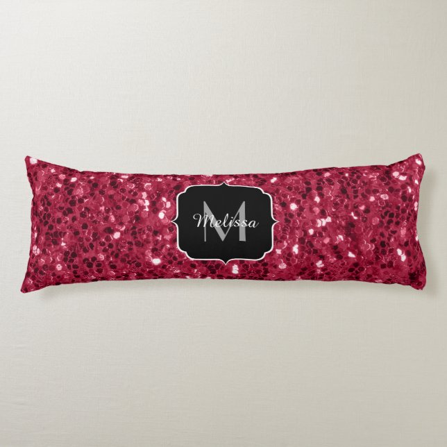Coussins Longs Monogramme faux scintillements rose rouge magenta  (Devant)