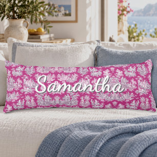 Coussins Longs Monogramme Floral Toile de Jouy Rose Magenta Vinta