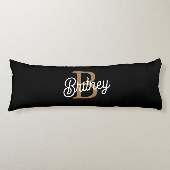 Coussins Longs Monogramme moderne élégant Nom Black Gold Script (Devant)