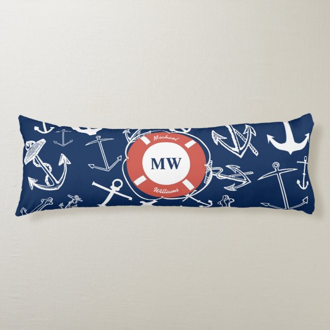 Coussins Longs Monogramme nautique Ancre bleu marine Motif (Devant)