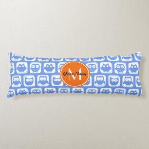Coussins Longs Monogramme orange Nom personnalisé Chouettes bleue