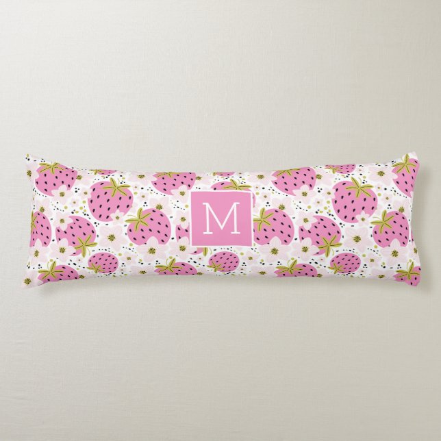Coussins Longs Monogramme personnalisé de fraises roses (Devant)