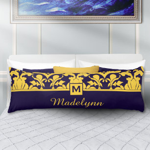 Coussins Longs Monogramme personnalisé en damas or et marine Nom