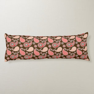 Coussins Longs Motif à dessins Paisley, corail et brun chocolat