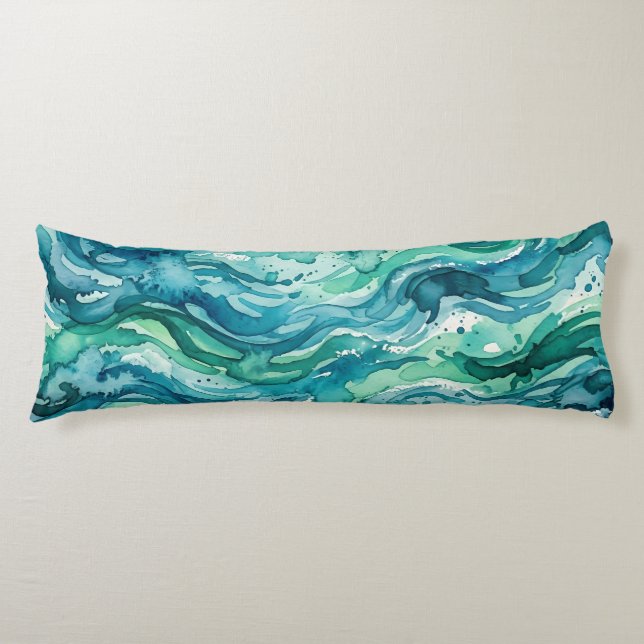 Coussins Longs Motif Abstrait Aquarelle Océan Sarcelle (Devant)