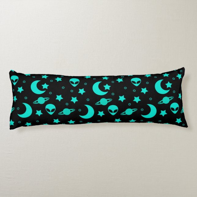 Coussins Longs Motif Alien turquoise avec étoiles et lunes (Dos)