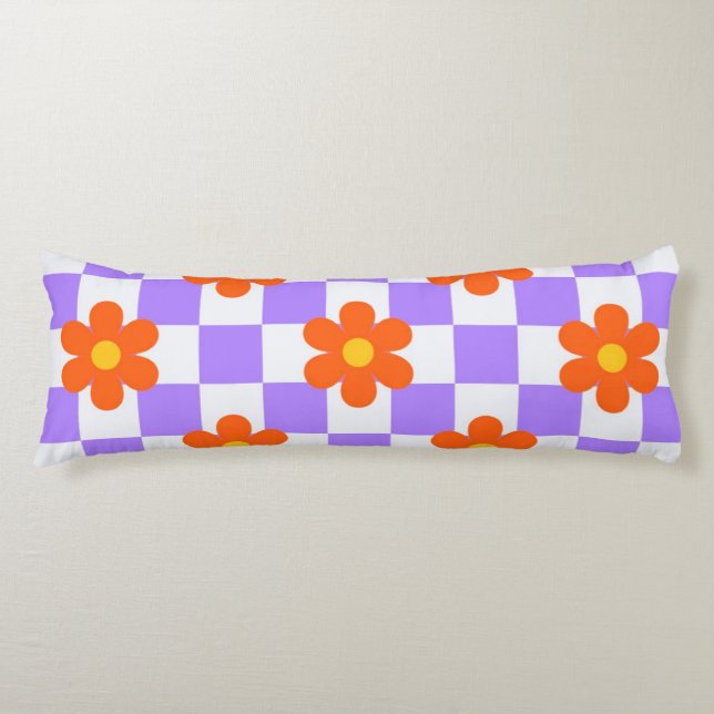 Coussins Longs Motif Chèque Violet Avec Fleur Hippie Orange (Devant)
