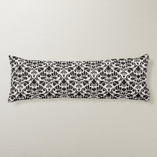 Coussins Longs Motif damassé Flourish noir sur crème (Devant)
