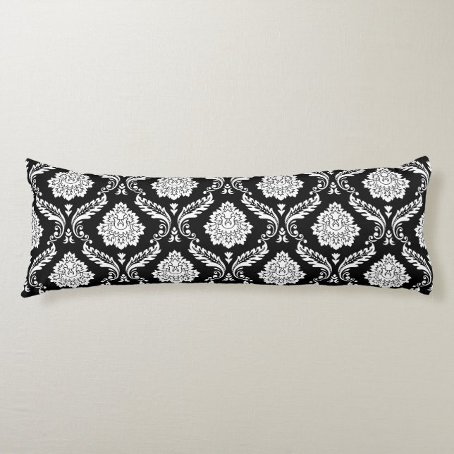 Coussins Longs Motif Damassé Rococo Blanc sur Noir (Devant)