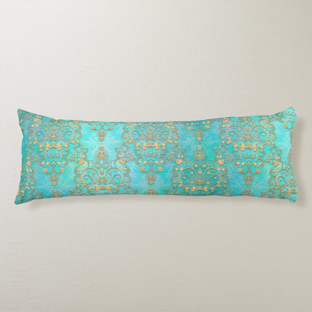 Coussins Longs Motif damassé sarcelle et or jaune élégant (Devant)