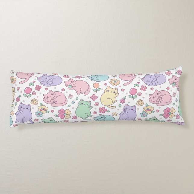 Coussins Longs Motif de chats et de fleurs Pastel Kawaii  (Dos)