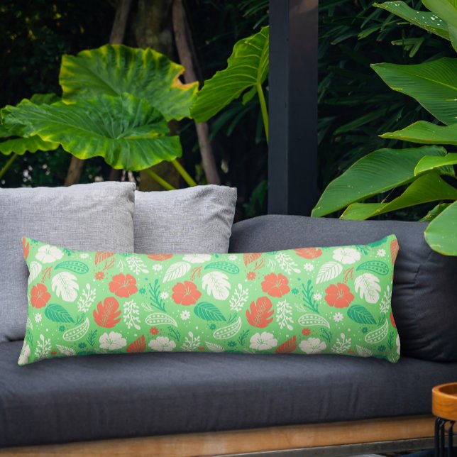 Coussins Longs Motif de feuillage vert et orange (Hibiscus & Paisley Tropical Pattern in Green Body Pillow)