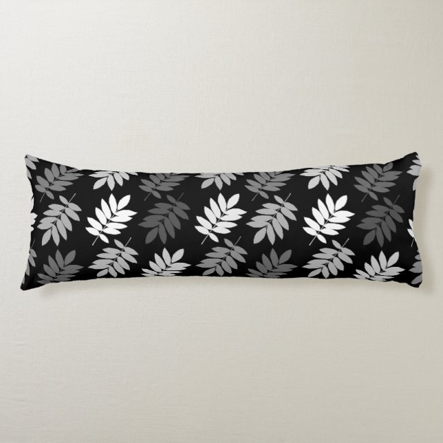 Coussins Longs Motif de feuille aînée noir blanc gris (Devant)