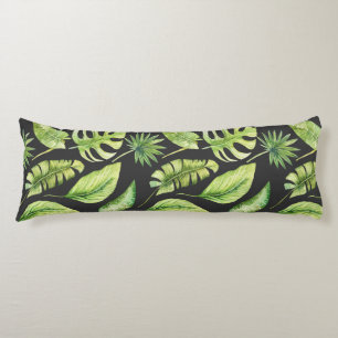Coussins Longs Motif de feuilles tropicales vertes Botanique noir