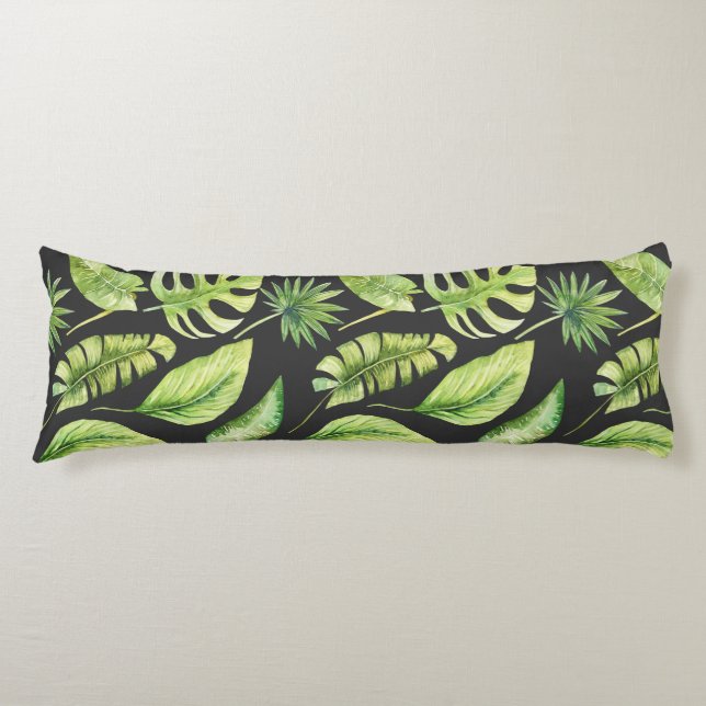 Coussins Longs Motif de feuilles tropicales vertes Botanique noir (Devant)