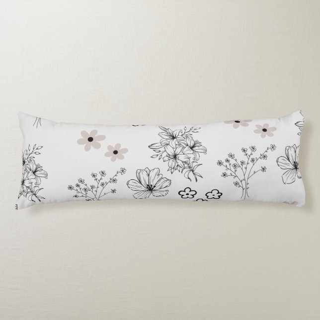 Coussins Longs Motif de fleurs hippie gris noir rétro Y2K (Devant)