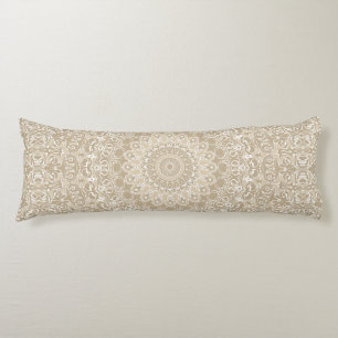 Coussins Longs Motif de mandala ornemental kaki et blanc