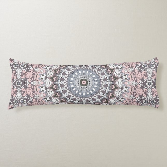 Coussins Longs Motif de mandala rose gris et blanc (Devant)