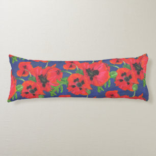 Coussins Longs Motif de Poppies Orientales Scarlet sur Blue