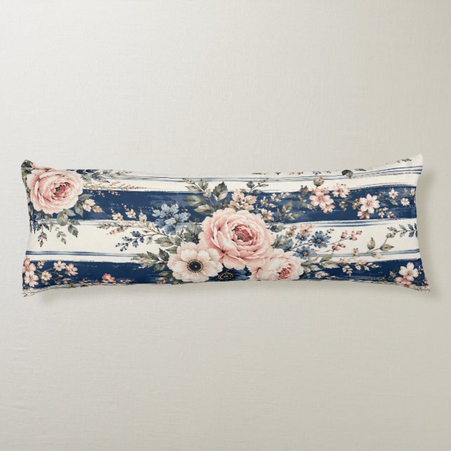 Coussins Longs Motif de rayure florale marine à l'aquarelle (Dos)
