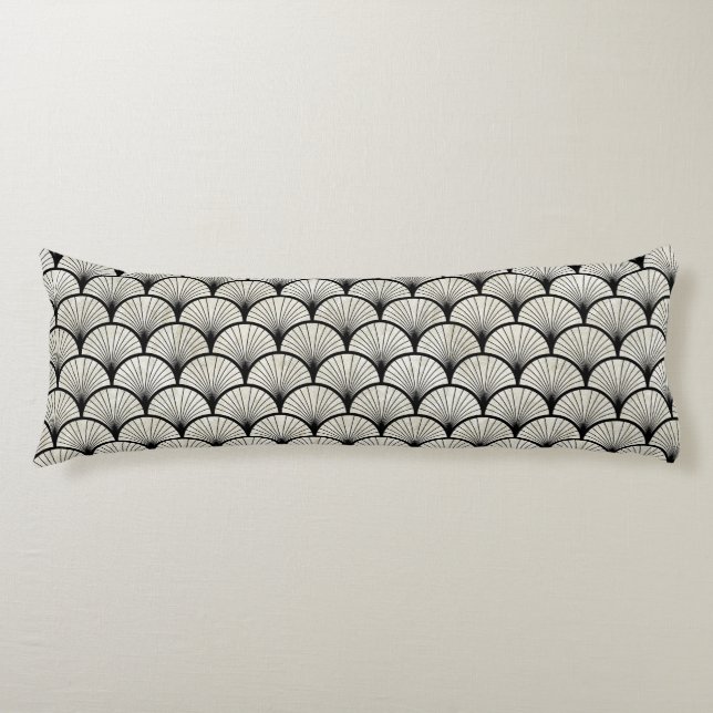 COUSSINS LONGS MOTIF DE STYLE DE VENTILATEUR D'ART DÉCO BLANC NOI (Devant)