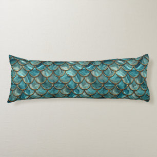 Coussins Longs Motif d'écailles de sirène Aqua Pearlescent & Or 