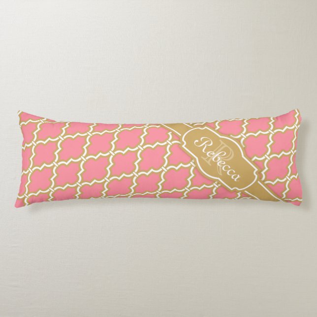 Coussins Longs Motif en treillis rose et or monogramme (Devant)