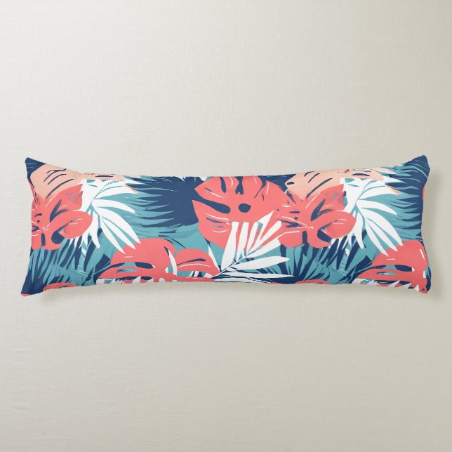 Coussins Longs motif feuille tropicale corail bleu blanc (Devant)