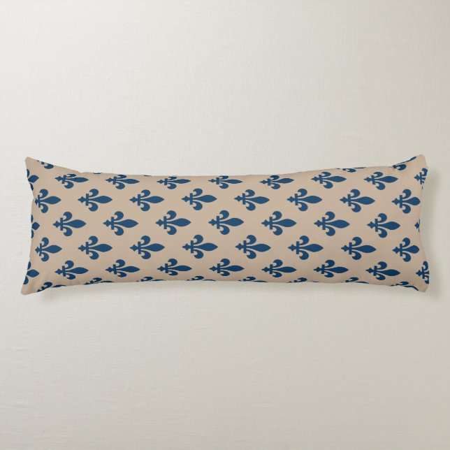 Coussins Longs Motif Fleur de Lis, Bleu Royal Français sur Crème (Devant)