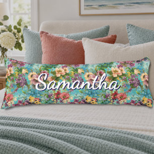 Coussins Longs Motif floral bleu violet vintage