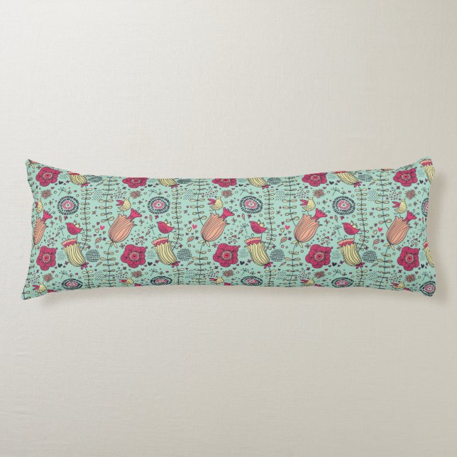 Coussins Longs Motif floral de bande dessinée avec des oiseaux (Devant)