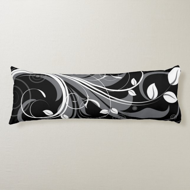Coussins Longs Motif floral gris sur le noir (Devant)
