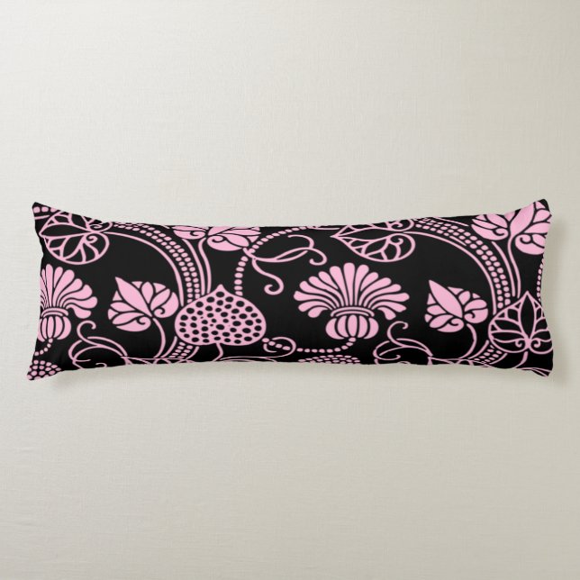 Coussins Longs Motif floral rétro rose sur fond noir (Devant)