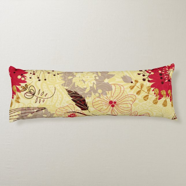 Coussins Longs Motif Floral Rustique Rétro Beige Et Rouge (Dos)