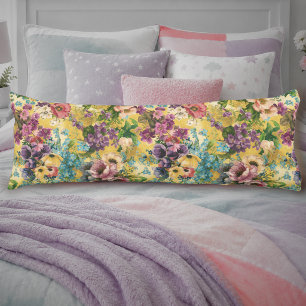 Coussins Longs Motif floral violet jaune vintage