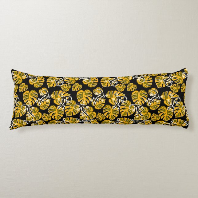Coussins Longs Motif Jaune Et Noir - Geckos Et Feuilles (Devant)